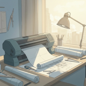 Plotter Kağıtları ve plotter cihazı bir çalışma masası üzerinde